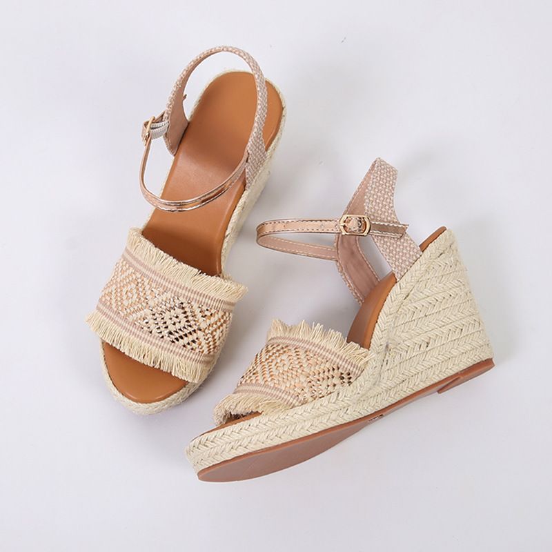 Women's Summer Wedge Platform Sandals High Heeled Open Toe Shoes Straw Rope Sole_vogvips.com