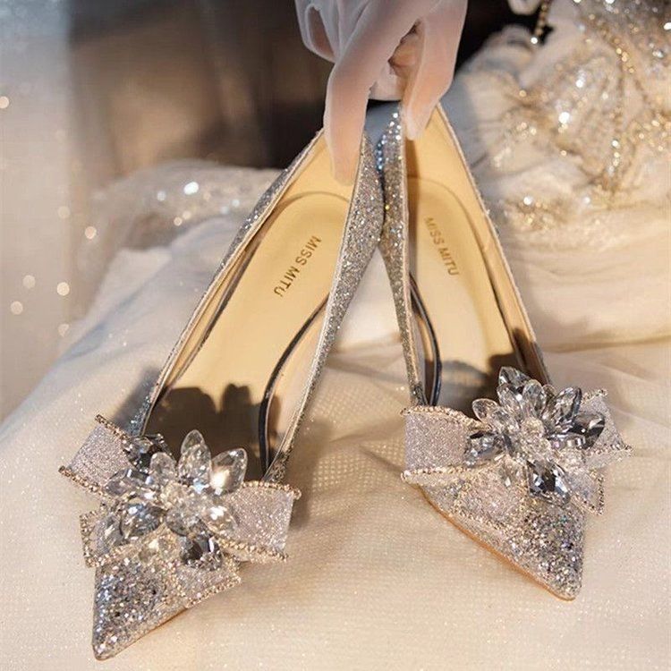 Bride Main Dress Princess Crystal Women Wedding Rhinestone High Heels Stiletto Single Shoes Brilliant_vogvips.com