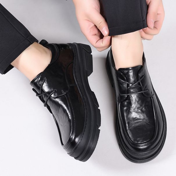 Spring Breathable Leather Thick Sole Square Toe High Heel British Style Youth Office Shoes Large Head Trendy Low Top_vogvips.com