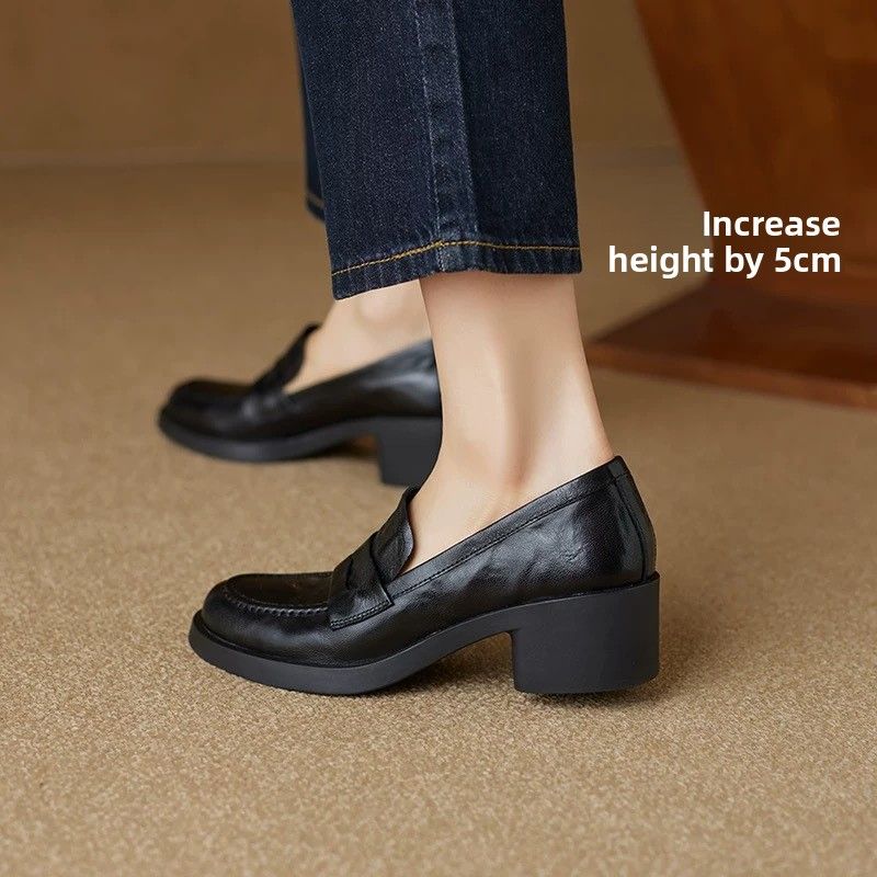 Soft Leather Loafers Women's Thick Medium Heel One-pedal Small Leather Shoes Round Head Soft Sole Single Shoes_vogvips.com
