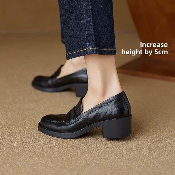 Soft Leather Loafers Women's Thick Medium Heel One-pedal Small Leather Shoes Round Head Soft Sole Single Shoes_vogvips.com