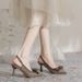 French-style Elegant Bow High-heeled Shoes For Women, Plaid Embossed Design, Thin Heel, Pointed Toe, Shallow Cut,_vogvips.com
