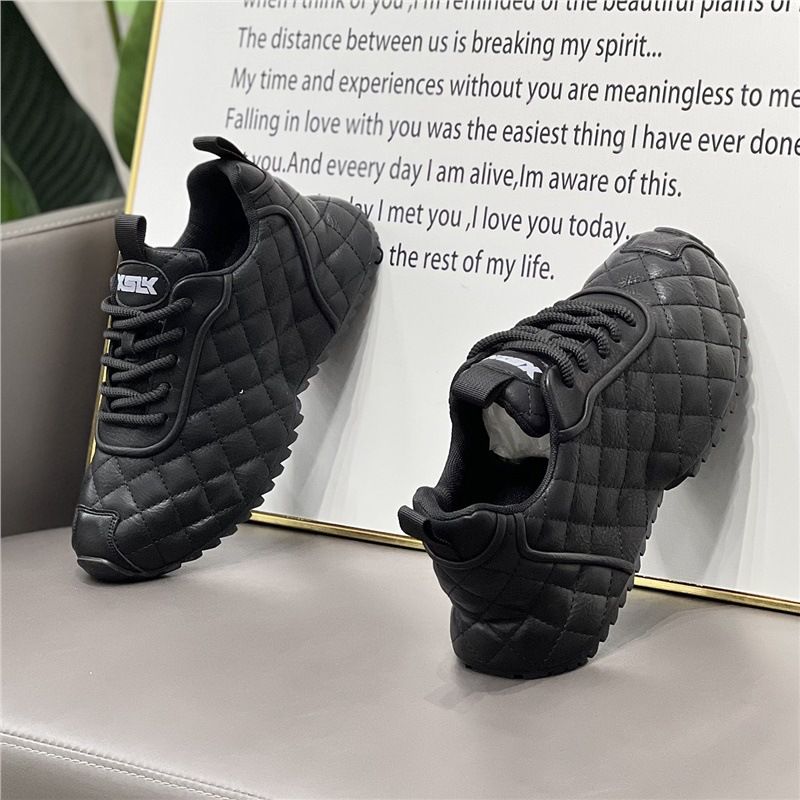 Korean-Style Popular Men's Shoes, 2025 Winter New Model, Plaid Stitching Design, Black Sneakers, Comfortable Dad Shoes_vogvips.com