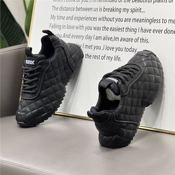 Korean-Style Popular Men's Shoes, 2025 Winter New Model, Plaid Stitching Design, Black Sneakers, Comfortable Dad Shoes_vogvips.com