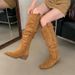 Miting Vintage Style Pleated Pointed Toe Chunky Heel High-Tube Long Boots, Versatile And Unique Western Cowboy Boots For_vogvips.com