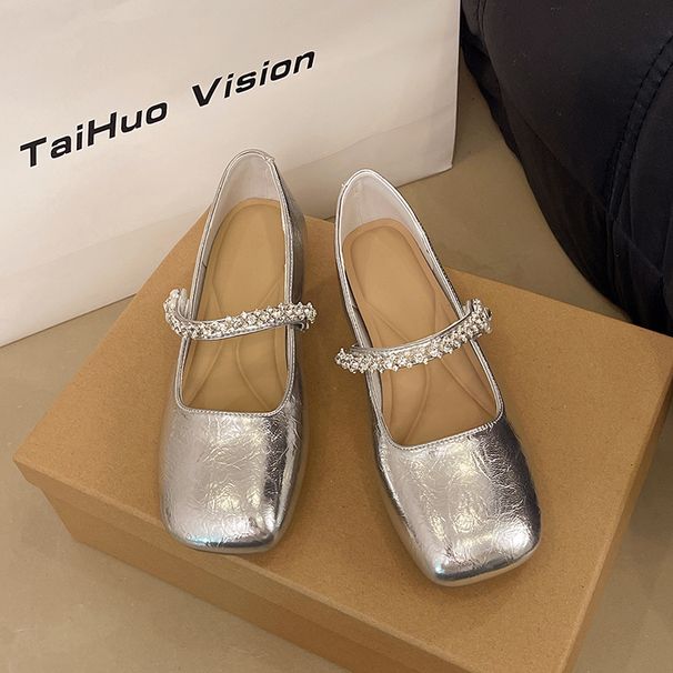 Pearl Word With Velcro Temperament Mary Jane Shoes Children Versatile Flat Heel Shallow Mouth Single Shoes_vogvips.com