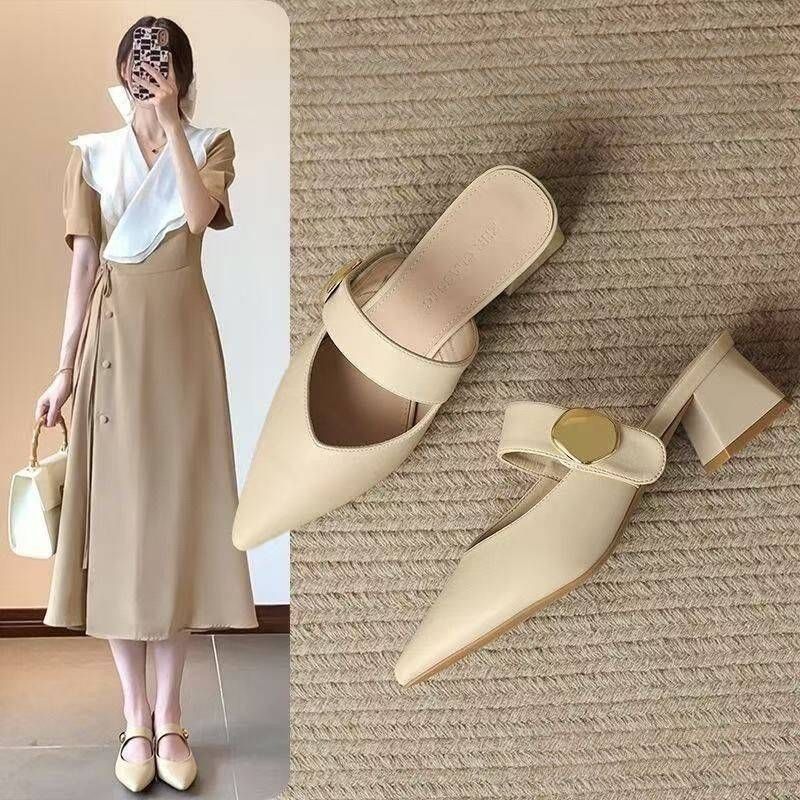French-style Pointed-toe Chunky Heel Slippers For Women, 2026 Summer New Model, Simple, Comfortable, Breathable Sandals,_vogvips.com