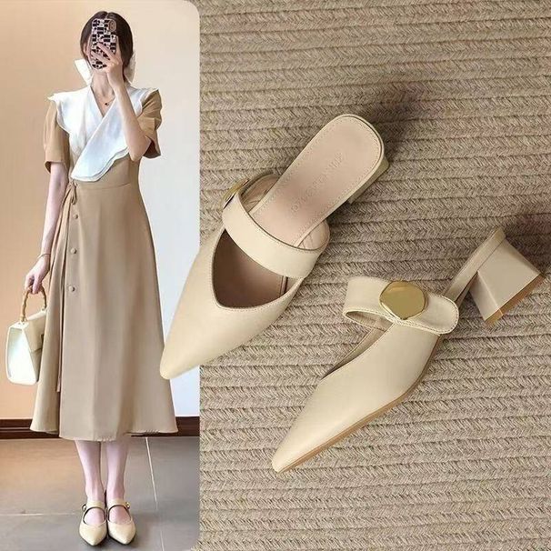 French-style Pointed-toe Chunky Heel Slippers For Women, 2026 Summer New Model, Simple, Comfortable, Breathable Sandals,_vogvips.com
