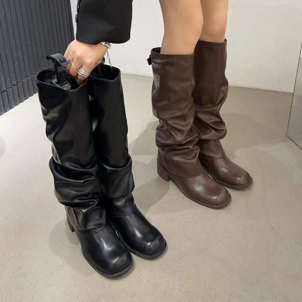 Round Toe Ruched Slouchy Riding For Women Genuine Leather Chunky Heel Long Over-the-Knee Trousers Boots_vogvips.com