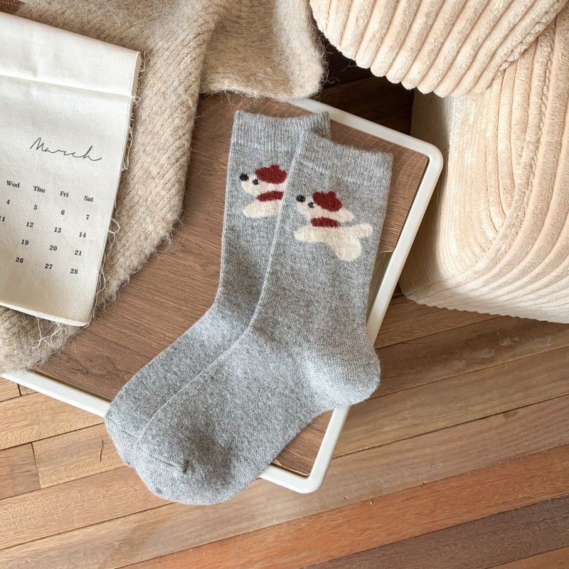 Women's Cozy Fair Isle Wool Socks With Cartoon Puppy Design, Thick Knit Mid-Crew Cuff For Warmth And Comfort, Soft And Breathable For All Seasons_vogvips.com