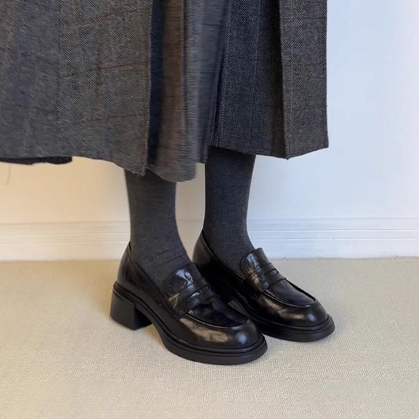Sheepskin Commuter Leather Round Head Platform Thick Heel Loafers Women's Small Leather Shoes Medium Heel Single Shoes_vogvips.com