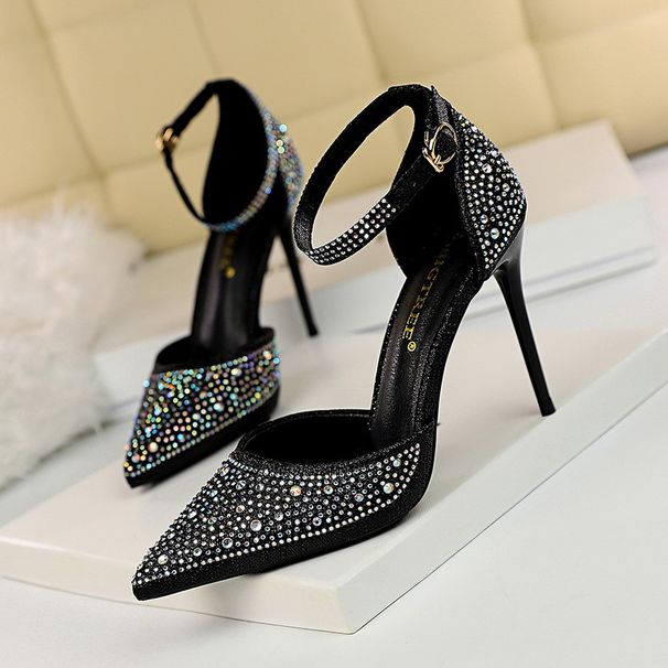 2026 283-16 Sweet Style Heels Thin High Heel Shallow Mouth Pointed Toe Hollow Strap Shiny Rhinestone Women's Sand_vogvips.com