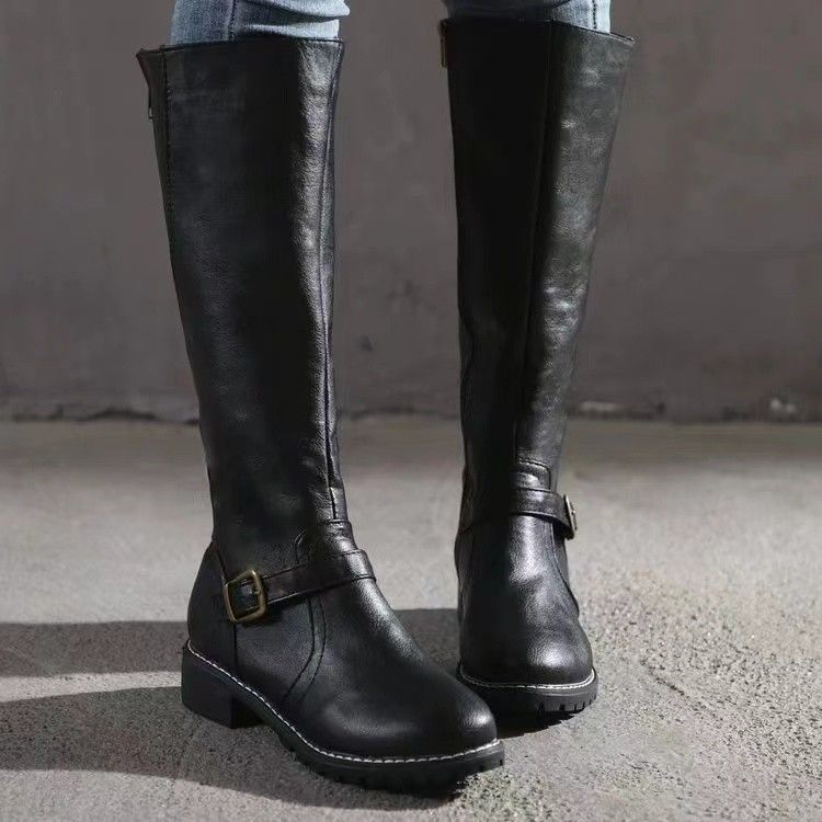 Women's Shoes Large Size Solid Color Motorcycle Boots Women Autumn And Winter New Round Head Double Zipper Thick Heel Low Heel High Leather Boots_vogvips.com