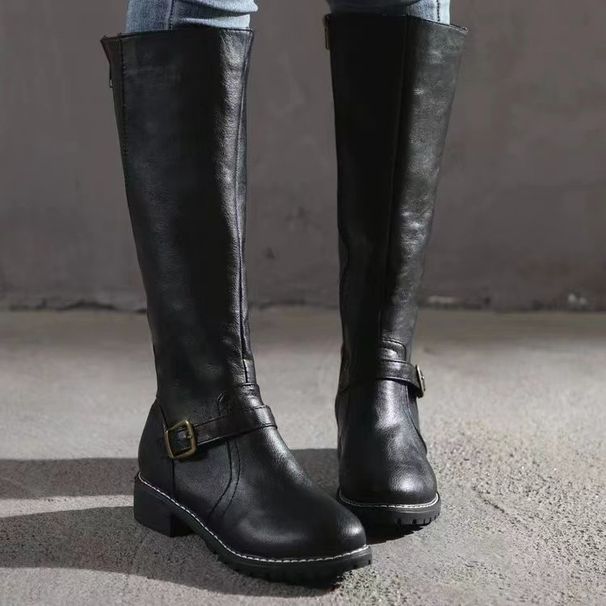 Women's Shoes Large Size Solid Color Motorcycle Boots Women Autumn And Winter New Round Head Double Zipper Thick Heel Low Heel High Leather Boots_vogvips.com