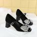 Coarse Heel Suede, Light Mouth Square Head Shining Rhinestone Buckle With Mary Jane Single Shoes Women_vogvips.com