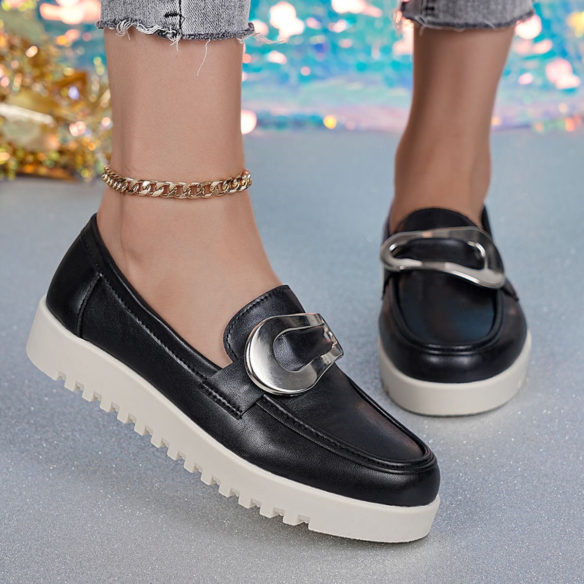 Women's British Style Metallic Platform Loafers Retro Low Top Plus Size Spring New Style Comfortable Breathable Casual Shoes_vogvips.com