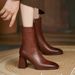 Chunky Short For Women 2024 Autumn Winter New Women's Simple Square Toe High Heel Side Zipper Fashion Mid-Calf Leather_vogvips.com