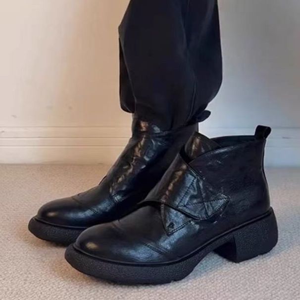 Vintage British Style Round Toe Martin With Velcro, Sports Tire Sole, Chunky Heel, 5cm Height Increase, Short Boots For_vogvips.com