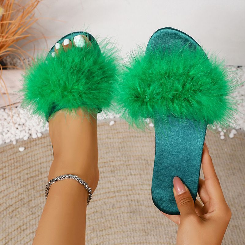 Trendy Summer 2026s New Flat Furry For Women Elegant Fashionable And Versatile Feather Slippers Black Green Large Sizes_vogvips.com