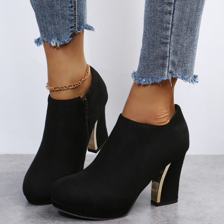 Women's Round Toe Side Pull Chunky Heels Plus Size Frosted Leopard Print Solid Color Ankle Boots_vogvips.com