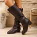 Women's Retro Cross Strap Buckle Mid Heel Riding Boots Fleece Lined High Top Plus Size Autumn New Style_vogvips.com