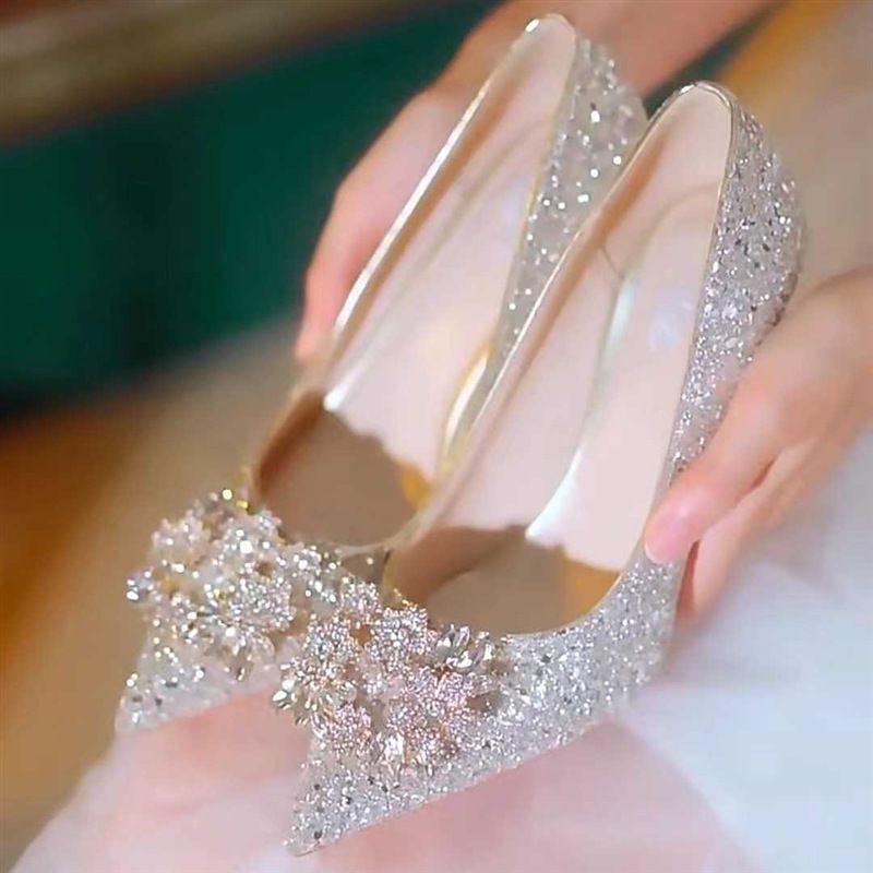 P7 French Sequined Crystal Diamond Wedding Shoes Engagement Wedding Dress Xiuhe Banquet Bridesmaid Bride Shoes Banquet Not Tired Feet High Heels_vogvips.com