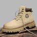 Men's Genuine Leather Mid-Calf Work Boots With Thick Sole - Chunky Martin Boots For Men & Women, Casual Round Toe Boots In Golden & Sand_vogvips.com