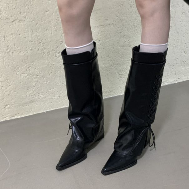 French-Style Niche Design Women's 2026 New Model, Pointed Toe, Wedge Heel, Stacked Long Boots, Slimming Knight Boots_vogvips.com
