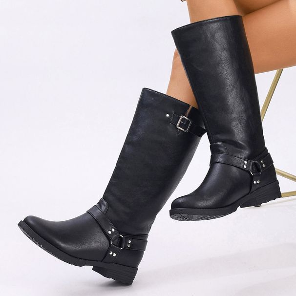 Western Cowgirl Vintage Boots With Belt Buckle, Chunky Heel, Round Toe, High Shaft, Black Fashion Boots For Women_vogvips.com