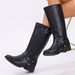 Western Cowgirl Vintage Boots With Belt Buckle, Chunky Heel, Round Toe, High Shaft, Black Fashion Boots For Women_vogvips.com