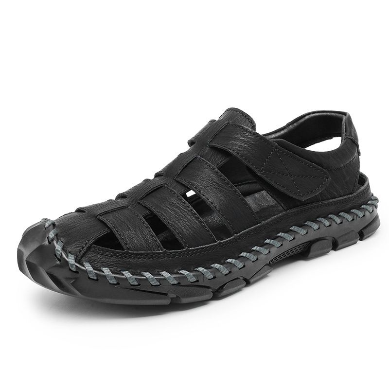 Men's Summer Closed-Toe Genuine Leather Sandals For Outdoor Driving, Soft Sole, Non-Slip, Water-Resistant, Hollow Out,_vogvips.com