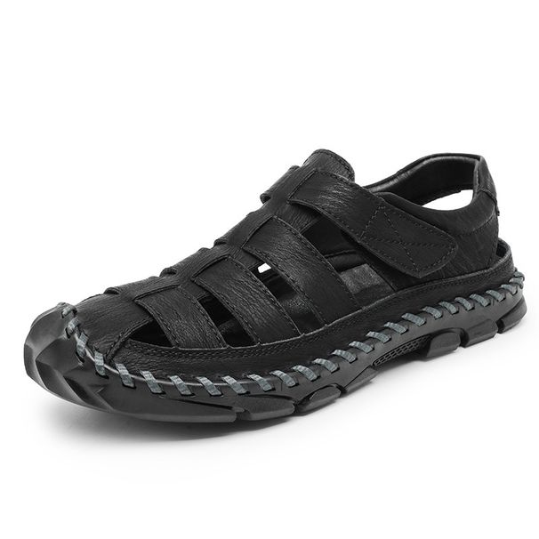 Men's Summer Closed-Toe Genuine Leather Sandals For Outdoor Driving, Soft Sole, Non-Slip, Water-Resistant, Hollow Out,_vogvips.com