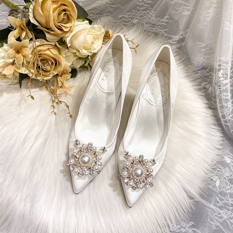 Women's Pointed Toe Stiletto Heel Wedding Shoes New Style Rhinestone White Bridesmaid Dress Shoes Plus Size 42 43_vogvips.com