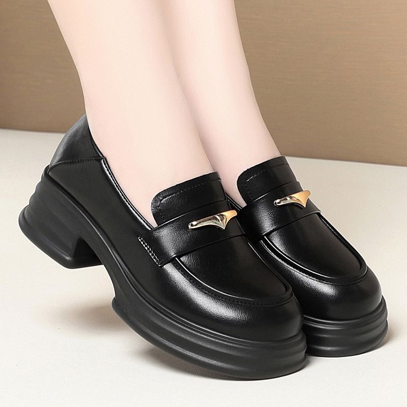Plus-size Round-toe Thick-soled Loafers For Women, Summer Soft Leather British Retro Platform Shoes, Chunky Heel Black_vogvips.com