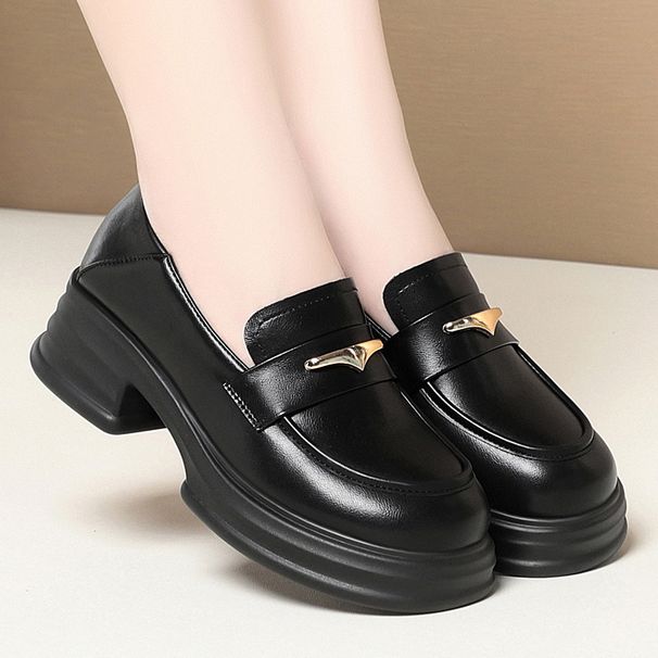 Plus-size Round-toe Thick-soled Loafers For Women, Summer Soft Leather British Retro Platform Shoes, Chunky Heel Black_vogvips.com