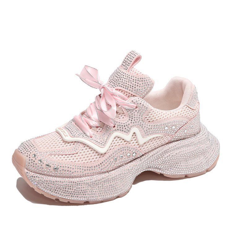 Women's Shoes Starry Sky Rhinestone Thick Soled Daddy Shoes For Women 2024 Autumn New Style Mesh Breathable Height Enhancing Sports Shoes For Women_vogvips.com