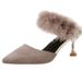 New Autumn Winter Cat-heel Closed-toe Slip-on Furry Slippers Women, European And American Style Ostrich Feather Pointed_vogvips.com