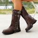 Chunky Heel Square Toe Mid-Calf Boots For Women - Belt Buckle Motorcycle Riding Boots With PU Upper & Rubber Sole_vogvips.com