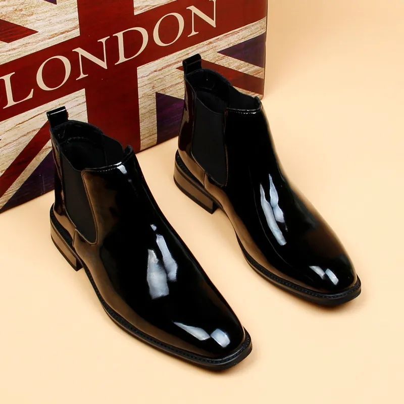Chelsea Boots Men's Glossy Leather Boots Small Square Head Short Boots High Top Business Leather Shoes Patent Leather Men's Boots_vogvips.com