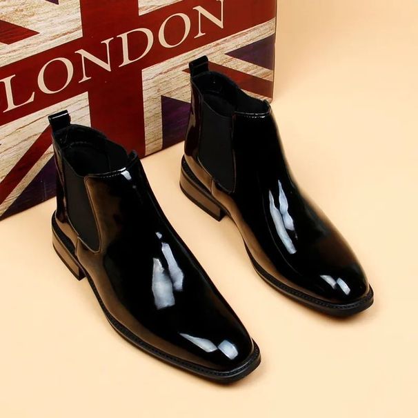 Chelsea Boots Men's Glossy Leather Boots Small Square Head Short Boots High Top Business Leather Shoes Patent Leather Men's Boots_vogvips.com