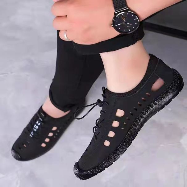Summer Men's Soft Soled Breathable Perforated Shoes Outdoor Casual Beach Water Wading Hollow Leather Sandals_vogvips.com