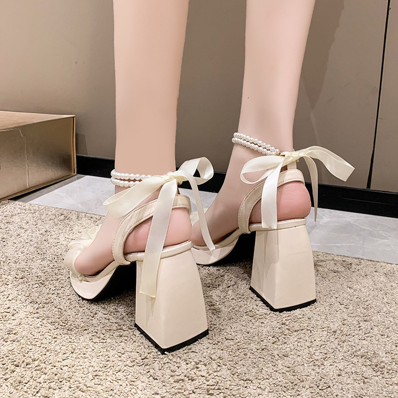 MTX Mesh High Heels For Women Summer 2025 New Medium Thick Heel Crystal French Fairy Pearl Roman Sandals Ins_vogvips.com