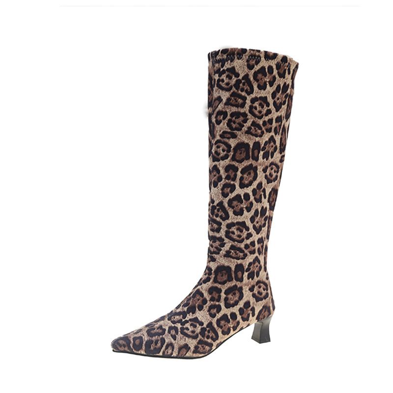 Women's Winter High Top Boots Fleece Lined Leopard Print Pointed Toe Slim Fit Suede Mid Heel Elastic Plus Size Fashion Boots_vogvips.com