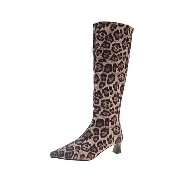 Women's Winter High Top Boots Fleece Lined Leopard Print Pointed Toe Slim Fit Suede Mid Heel Elastic Plus Size Fashion Boots_vogvips.com