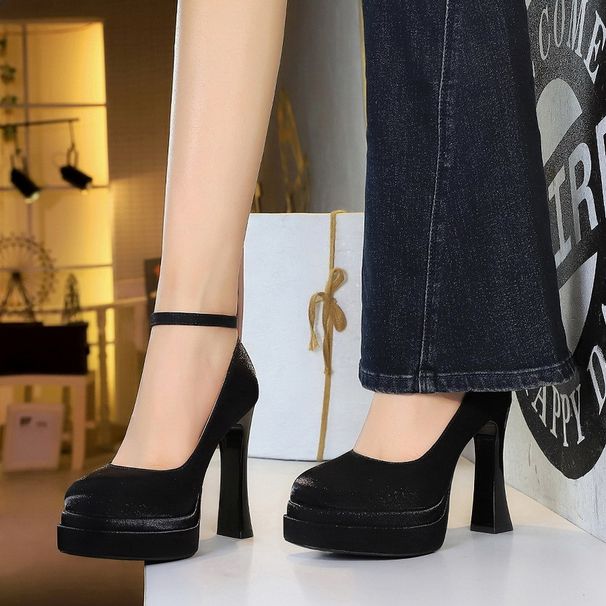 Round Head Satin One-word Strap High Heels, Light Mouth Waterproof Table Thick Heel Women's Shoes, Super High Heel Single Shoes Women_vogvips.com