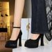 Round Head Satin One-word Strap High Heels, Light Mouth Waterproof Table Thick Heel Women's Shoes, Super High Heel Single Shoes Women_vogvips.com