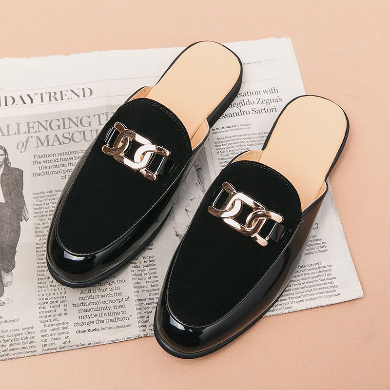 Mens Designer Brand Italian Casual Chain Loafers Leather Luxury Business Men Half Shoes Drop Ship Mules Black Slides_vogvips.com