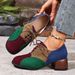 Women's Retro Color Blocked mid Heel Flats Lace up Suede Leather Shoes plus Size Autumn New Style_vogvips.com