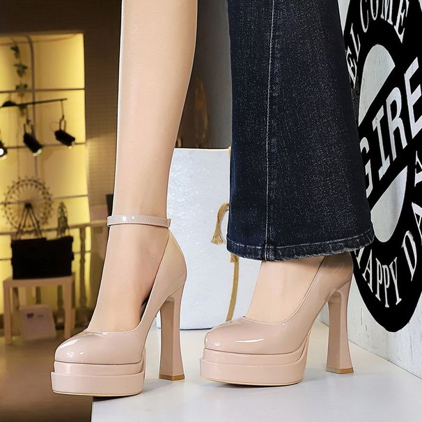 Women's Chunky Heel Round Toe Pumps With Double Waterproof Platform And Patent Leather Straps - Elegant Evening Shoes For Spring & Autumn_vogvips.com
