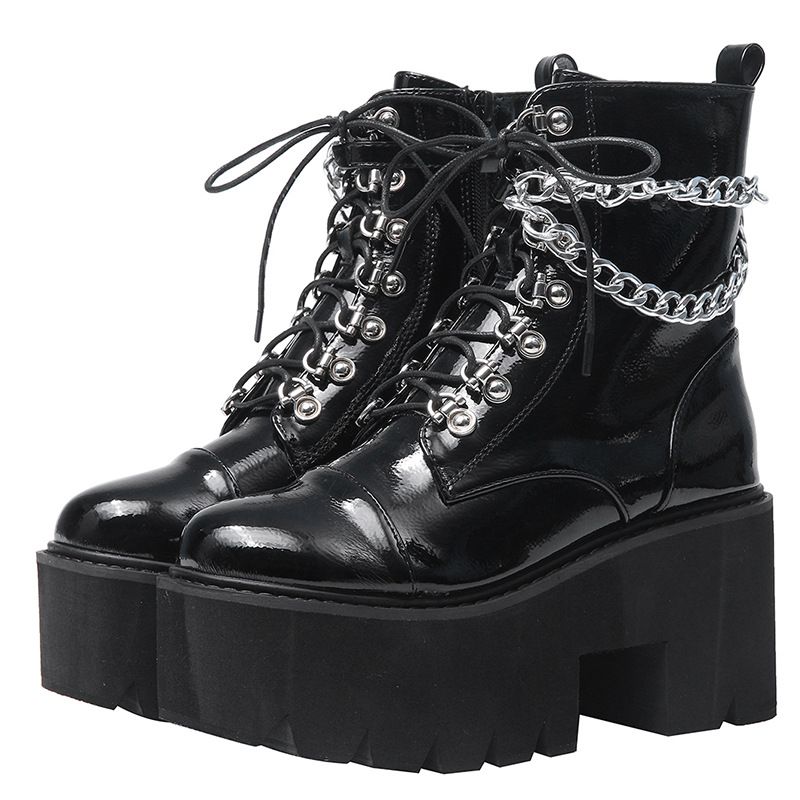 Women's Punk Style Chunky Heel Ankle Boots With Metal Chains, Waterproof & Slip-Resistant, Round Toe Platform Boots Patent Leather_vogvips.com